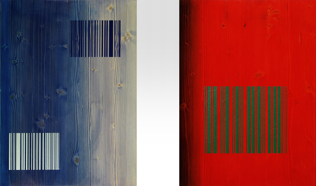Ilppo Alho, 2001 — Code 01-S3-A1 & 01-S4-A8 — alkydivri ja pigmentti puulle —  56 x 42 (cm)