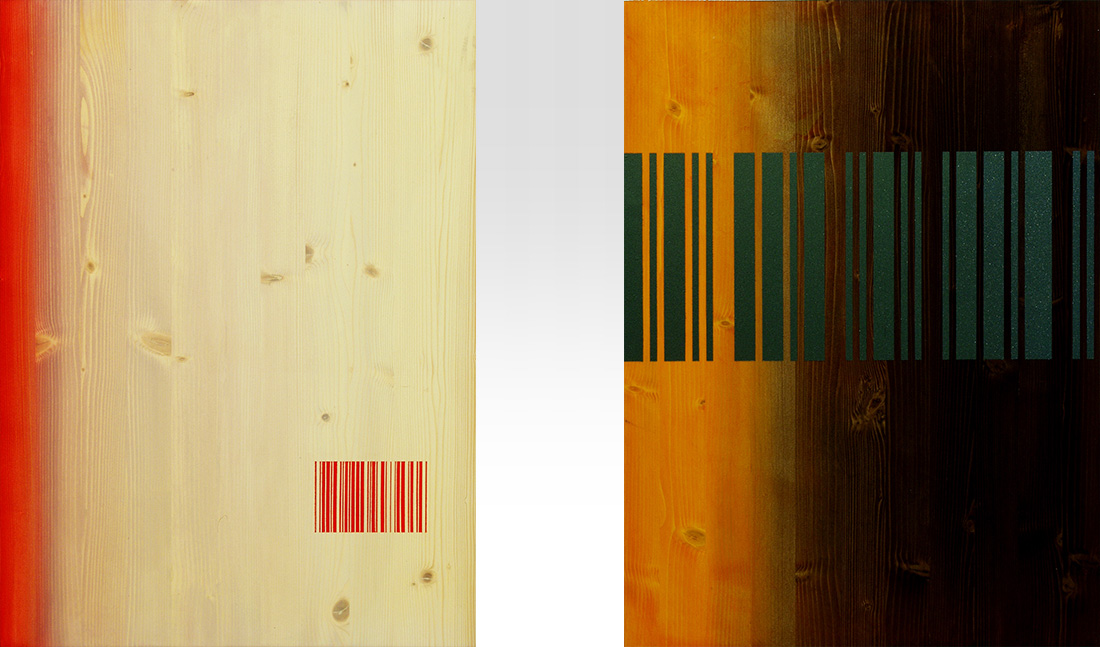 Ilppo Alho, 2001 — Code 00-S1-A13 & 01-S2-A10 — alkydiv�ri ja pigmentti puulle — � 56 x 42 (cm)