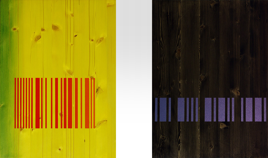Ilppo Alho, 2001 — Code 01-S3-A9 & 01-S3-A6 — alkydiv�ri ja pigmentti puulle — � 56 x 42 (cm)
